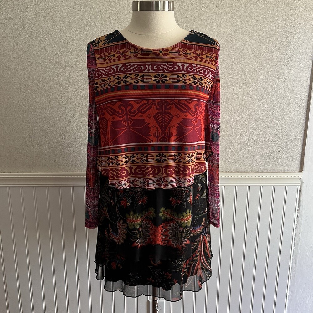 Desigual Long Sleeve Mini Dress Layered Mesh Mixed Print Multicolor Semi Sheer S